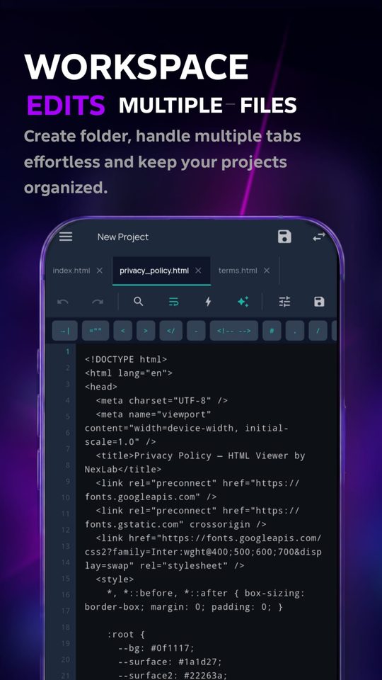 Workspace — multi-file projects with tabs and folders